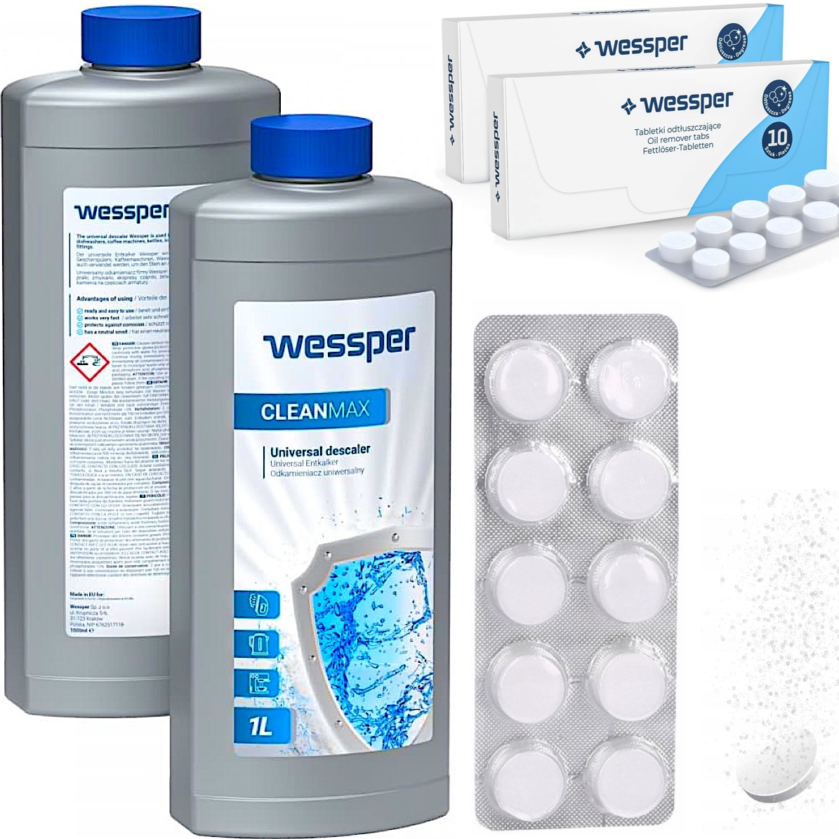 Wessper Cleanmax 1 L odstraňovač vodného kameňa + odmasťovacie tablety pre kávovar Wessper CleanOil WES078 10 x 2 g